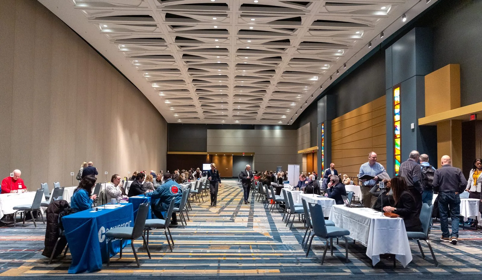 Wide view of a Connecticut convention hall during a business matchmaking event